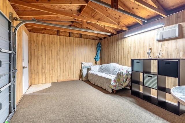 27326 Cloverleaf Ln, Everts Twp, MN 56515 - carpeted bedroom with vaulted ceiling, wooden walls, and a wall mounted air conditioner