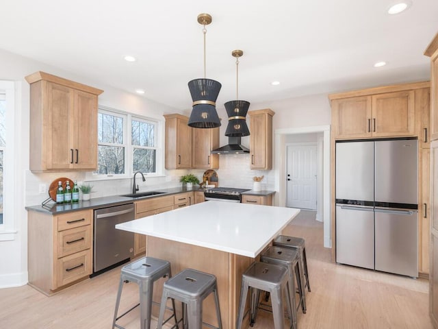 7010 Oak Ridge Rd, Corcoran, MN 55340 - kitchen featuring appliances with stainless steel finishes, a sink, a kitchen bar, tasteful backsplash, and light wood-style flooring