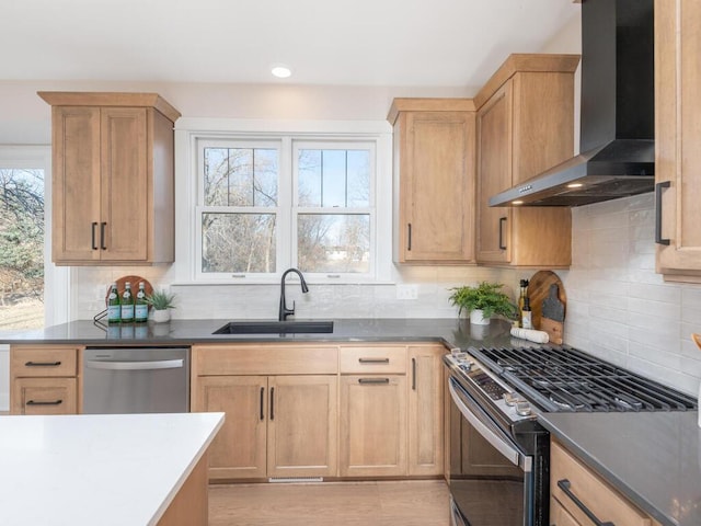 7010 Oak Ridge Rd, Corcoran, MN 55340 - kitchen featuring wall chimney exhaust hood, appliances with stainless steel finishes, a sink, decorative backsplash, and light brown cabinets