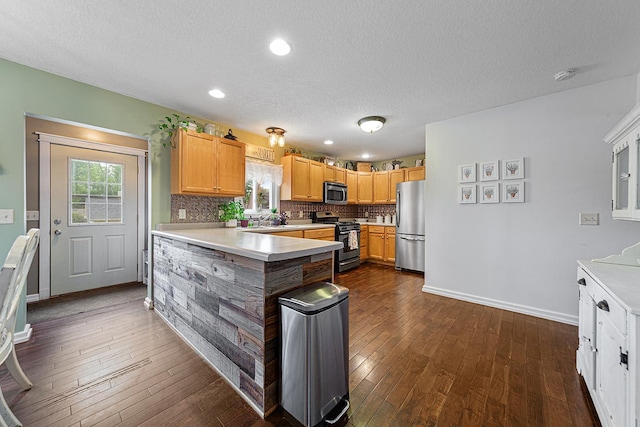 310 Belle St W, Cannon Falls, MN 55009 - kitchen with appliances with stainless steel finishes, light countertops, a peninsula, healthy amount of natural light, and a textured ceiling
