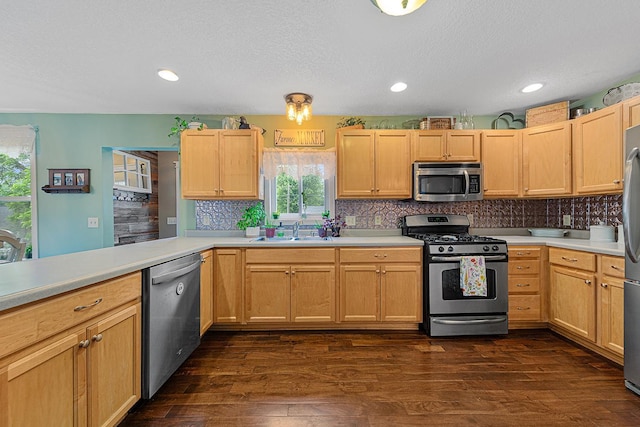 310 Belle St W, Cannon Falls, MN 55009 - kitchen featuring stainless steel appliances, dark wood finished floors, backsplash, light countertops, and recessed lighting