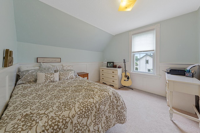 310 Belle St W, Cannon Falls, MN 55009 - bedroom featuring light colored carpet, vaulted ceiling, and a wainscoted wall