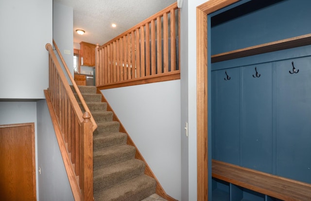 1046 Roosevelt St S, Cambridge, MN 55008 - staircase featuring a textured ceiling