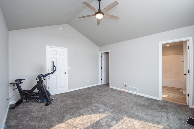 7364 27th St S, Fargo, ND 58104 - exercise area with ceiling fan, carpet floors, lofted ceiling, and baseboards