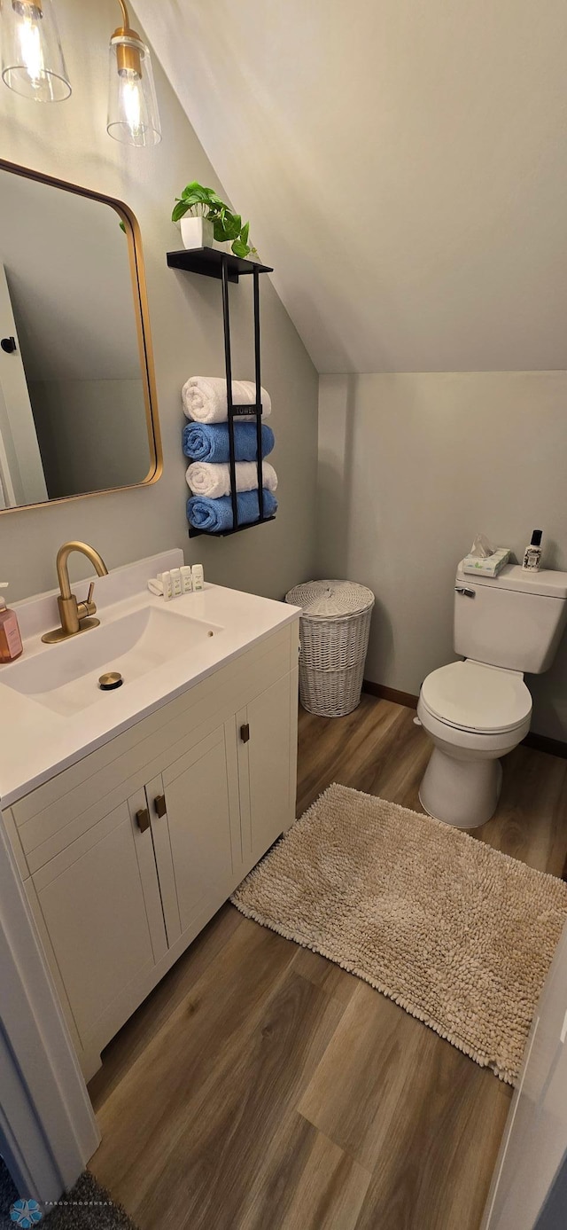 1442 11th Ave S, Fargo, ND 58103 - half bathroom featuring lofted ceiling, toilet, vanity, and wood finished floors