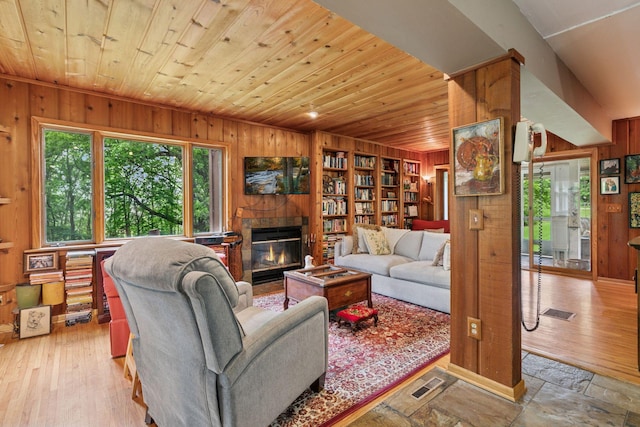 8482 150th St E, Northfield Twp, MN 55057 - living area featuring wooden walls, wooden ceiling, a fireplace, and light wood-type flooring