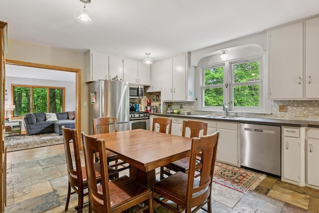 8482 150th St E, Northfield Twp, MN 55057 - kitchen featuring appliances with stainless steel finishes, stone tile flooring, a sink, and tasteful backsplash