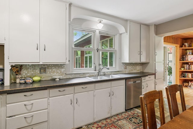 8482 150th St E, Northfield Twp, MN 55057 - kitchen with dishwasher, a sink, decorative backsplash, dark countertops, and white cabinetry