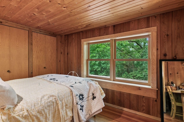 8482 150th St E, Northfield Twp, MN 55057 - bedroom featuring wooden walls, wood finished floors, wooden ceiling, and multiple closets