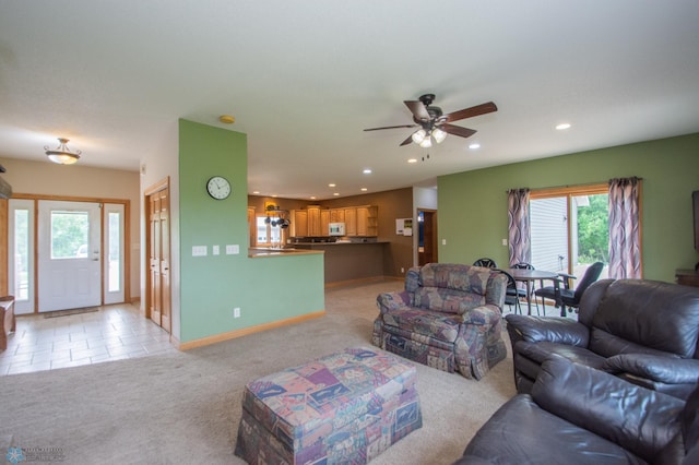 11905 Hunter Dr, Lake Park Twp, MN 56554 - living room featuring plenty of natural light, light colored carpet, a ceiling fan, recessed lighting, and baseboards