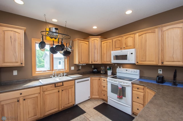 11905 Hunter Dr, Lake Park Twp, MN 56554 - kitchen featuring white appliances, a sink, light brown cabinetry, and recessed lighting