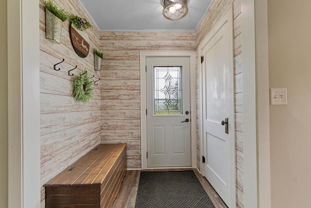 28145 State Highway 112, Le Sueur, MN 56058 - mudroom featuring wood walls and ornamental molding