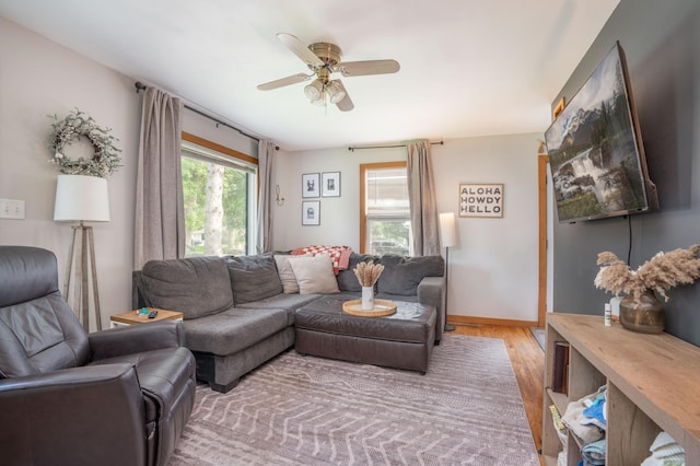 2020 7th St SW, Willmar, MN 56201 - living area featuring light wood-type flooring, ceiling fan, and baseboards