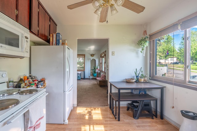 687 Jenks Ave, Saint Paul, MN 55106 - kitchen featuring white appliances, a ceiling fan, and light wood finished floors