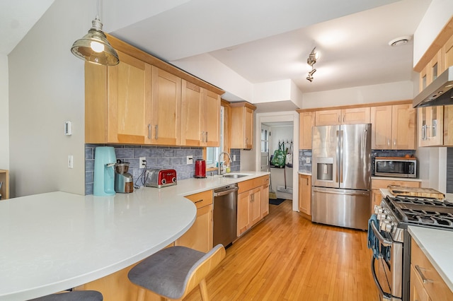 244 Macalester St, Saint Paul, MN 55105 - kitchen featuring stainless steel appliances, light brown cabinets, tasteful backsplash, light wood finished floors, and light countertops