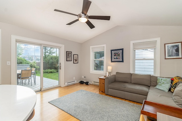 244 Macalester St, Saint Paul, MN 55105 - living area with a baseboard heating unit, vaulted ceiling, light wood-style floors, ceiling fan, and healthy amount of natural light