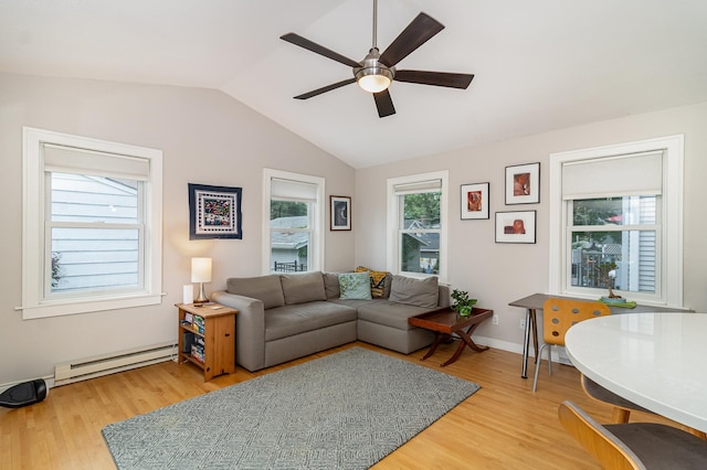 244 Macalester St, Saint Paul, MN 55105 - living area with a baseboard radiator, ceiling fan, light wood-type flooring, and vaulted ceiling