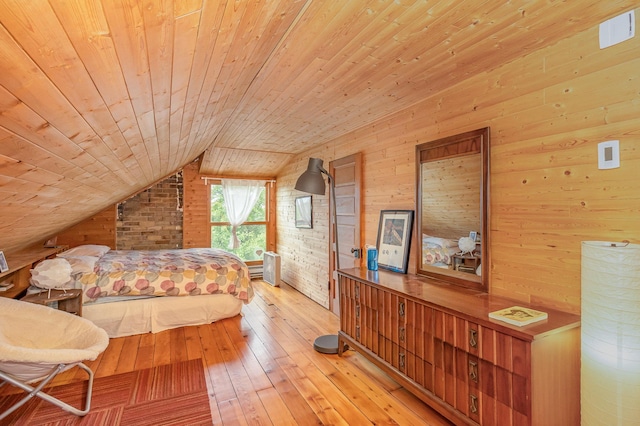 244 Macalester St, Saint Paul, MN 55105 - bedroom with wooden ceiling, light wood-type flooring, wood walls, and vaulted ceiling