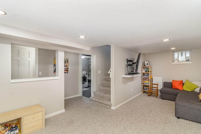 244 Macalester St, Saint Paul, MN 55105 - living area featuring washer / clothes dryer, carpet floors, recessed lighting, stairs, and radiator