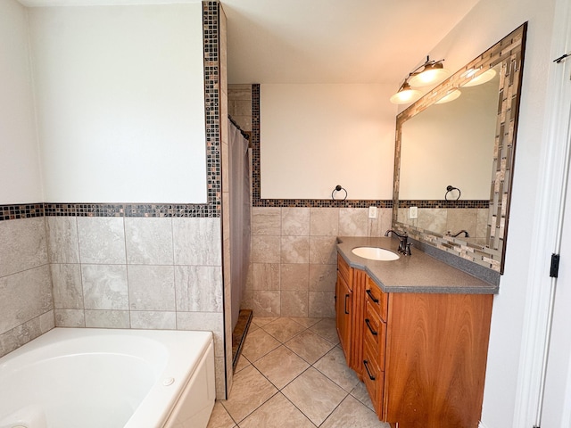 1207 Martin St, Fergus Falls, MN 56537 - full bathroom with tile walls, vanity, a bath, tile patterned floors, and curtained shower