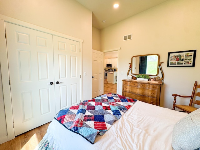 1207 Martin St, Fergus Falls, MN 56537 - bedroom featuring wood finished floors, a closet, and high vaulted ceiling