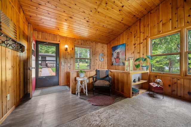 597 Emmet Rd, Lynden Twp, MN 55320 - sitting room featuring vaulted ceiling, wooden walls, wood finished floors, and wood ceiling