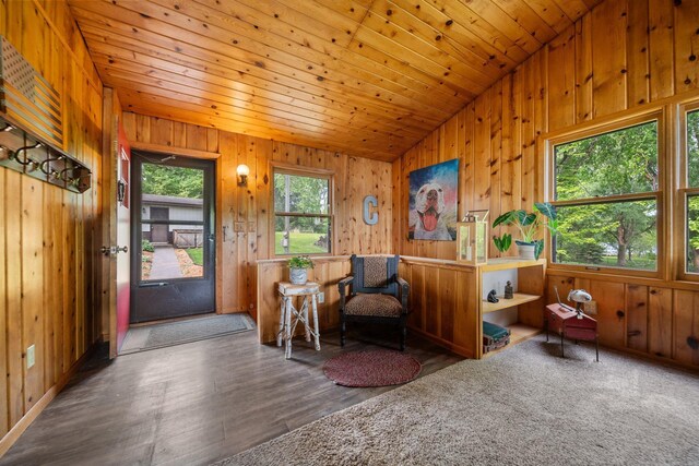 597 Emmet Rd, Lynden Twp, MN 55320 - sitting room featuring vaulted ceiling, wooden walls, wood finished floors, and wood ceiling