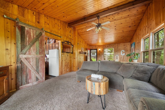 597 Emmet Rd, Lynden Twp, MN 55320 - carpeted living area featuring wooden walls, a barn door, ceiling fan, and wooden ceiling