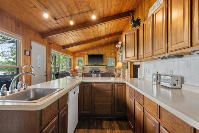 597 Emmet Rd, Lynden Twp, MN 55320 - kitchen featuring wood ceiling, healthy amount of natural light, a sink, dishwasher, and dark wood-style flooring