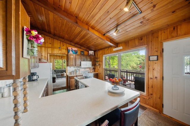 597 Emmet Rd, Lynden Twp, MN 55320 - kitchen with white appliances, rail lighting, light countertops, wood walls, and wooden ceiling