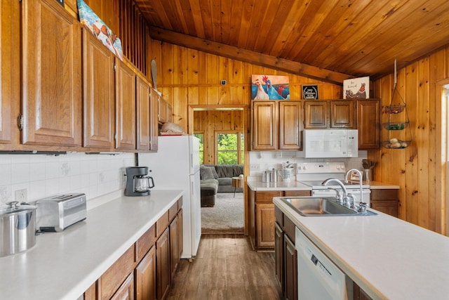 597 Emmet Rd, Lynden Twp, MN 55320 - kitchen featuring lofted ceiling, white appliances, light countertops, wooden ceiling, and wood walls