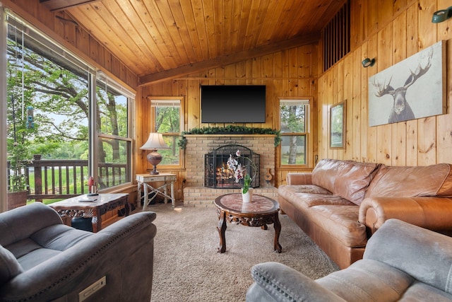 597 Emmet Rd, Lynden Twp, MN 55320 - carpeted living area featuring wood walls, wooden ceiling, and a brick fireplace