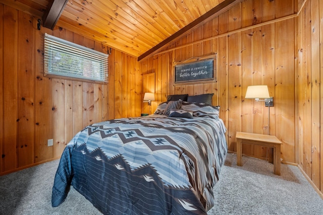 597 Emmet Rd, Lynden Twp, MN 55320 - carpeted bedroom featuring vaulted ceiling, wooden ceiling, wooden walls, and baseboards