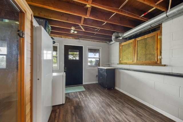 597 Emmet Rd, Lynden Twp, MN 55320 - below grade area with dark wood finished floors, plenty of natural light, and concrete block wall