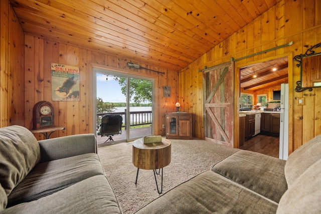 597 Emmet Rd, Lynden Twp, MN 55320 - living room with vaulted ceiling, wood walls, a water view, and wooden ceiling