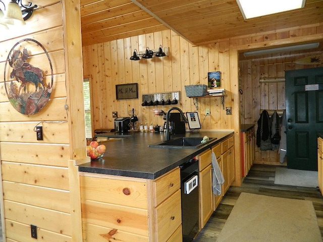 3749 Grizzly Ln, Barnum Twp, MN 55707 - kitchen featuring a sink, dark countertops, wooden walls, wood finished floors, and wood ceiling