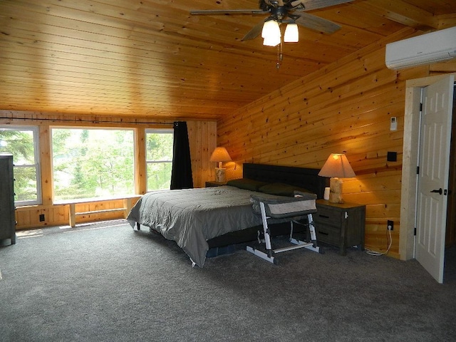 3749 Grizzly Ln, Barnum Twp, MN 55707 - bedroom featuring a wall mounted AC, wood ceiling, carpet, wooden walls, and vaulted ceiling