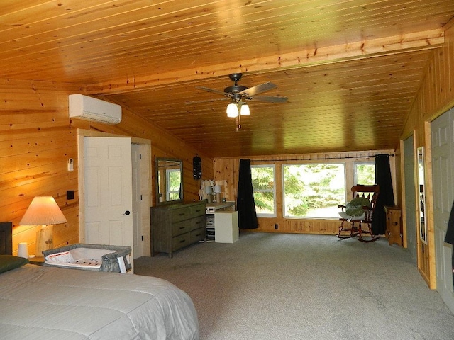 3749 Grizzly Ln, Barnum Twp, MN 55707 - bedroom with lofted ceiling, wood walls, carpet, and a wall mounted air conditioner