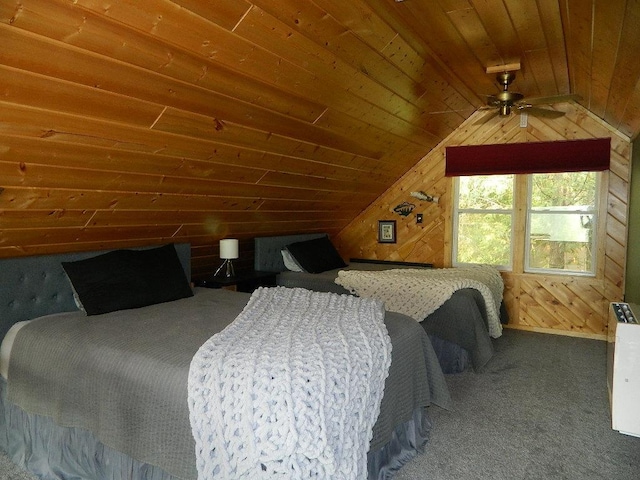 3749 Grizzly Ln, Barnum Twp, MN 55707 - bedroom featuring wood ceiling, lofted ceiling, wood walls, and carpet