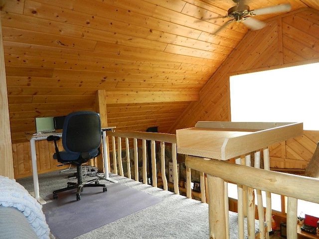3749 Grizzly Ln, Barnum Twp, MN 55707 - carpeted office featuring vaulted ceiling, wood walls, wooden ceiling, and ceiling fan