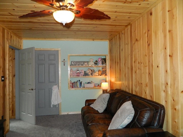 3749 Grizzly Ln, Barnum Twp, MN 55707 - carpeted living room with wooden walls, wooden ceiling, and ceiling fan