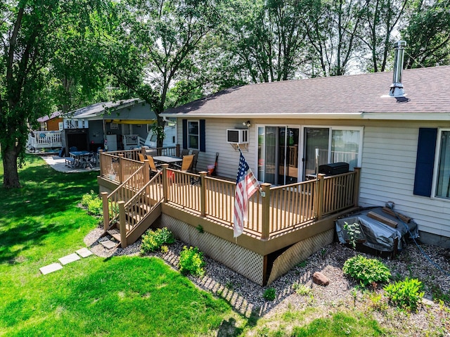 3832 Norris Ave NW, French Lake Twp, MN 55302 - rear view of property featuring a lawn, a deck, outdoor dining space, roof with shingles, and a wall mounted air conditioner