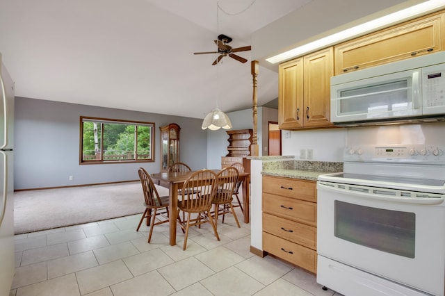 544 22nd St, Sioux Creek Twp, WI 54728 - kitchen featuring white appliances, light carpet, ceiling fan, vaulted ceiling, and baseboards