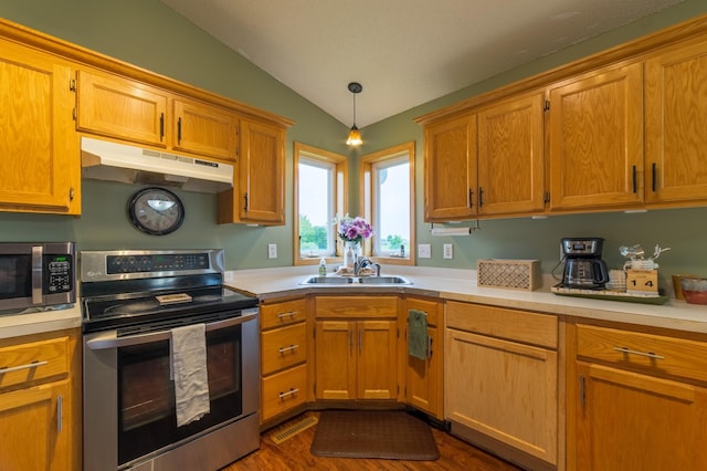 920 9th St, Rush City, MN 55069 - kitchen with appliances with stainless steel finishes, under cabinet range hood, vaulted ceiling, light countertops, and dark wood-style floors
