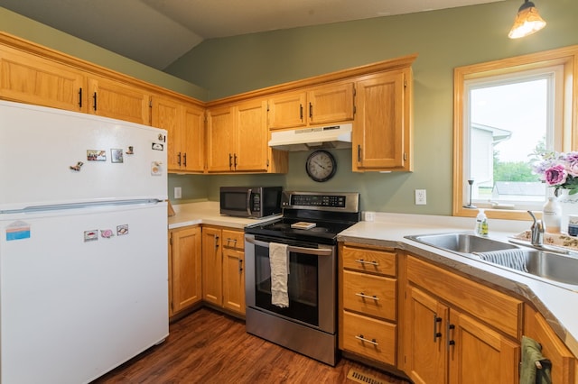 920 9th St, Rush City, MN 55069 - kitchen with stainless steel appliances, under cabinet range hood, light countertops, vaulted ceiling, and dark wood-style flooring