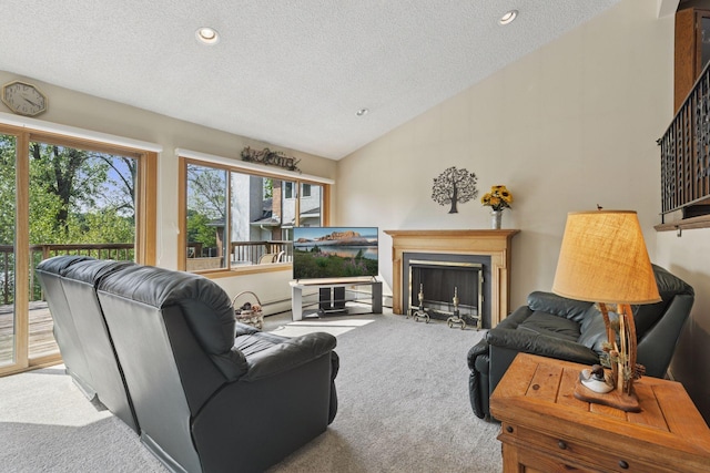 7469 Fernbrook Ln N, Maple Grove, MN 55311 - carpeted living area with a textured ceiling, a fireplace, vaulted ceiling, and recessed lighting