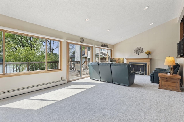 7469 Fernbrook Ln N, Maple Grove, MN 55311 - living area featuring carpet floors, baseboard heating, a textured ceiling, a fireplace, and vaulted ceiling
