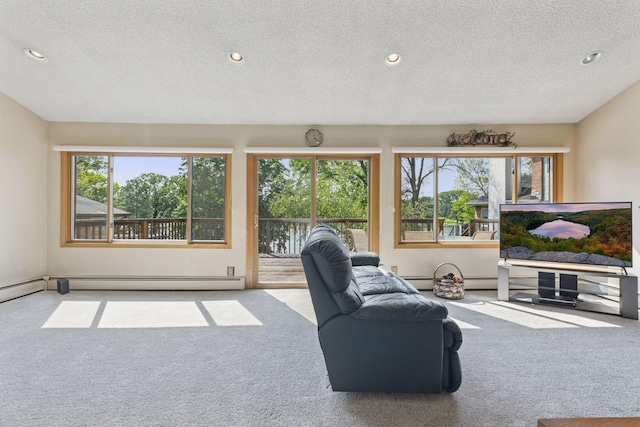 7469 Fernbrook Ln N, Maple Grove, MN 55311 - carpeted living area with a textured ceiling and recessed lighting