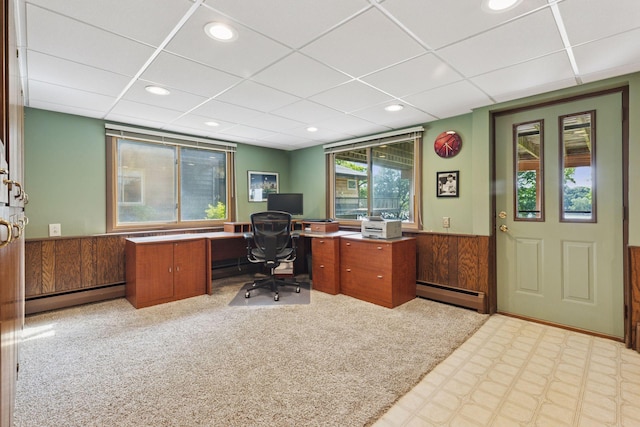 7469 Fernbrook Ln N, Maple Grove, MN 55311 - home office featuring baseboard heating, a paneled ceiling, tile patterned floors, and recessed lighting
