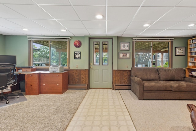 7469 Fernbrook Ln N, Maple Grove, MN 55311 - carpeted office featuring a baseboard heating unit, a drop ceiling, and recessed lighting
